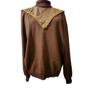 St John By Marie Gray Wool Leather Santana Knit Sweater L Metallic Gold Link